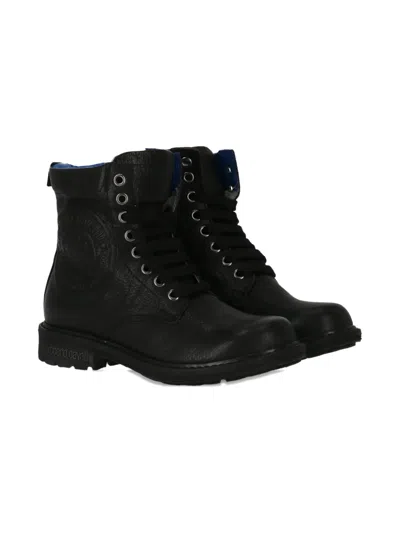 Roberto Cavalli Kids' Embossed-logo Lace-up Boots In Black