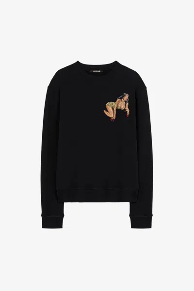 Roberto Cavalli Embroidered Cotton Sweatshirt In Black
