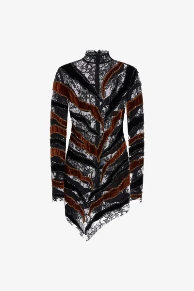 Roberto Cavalli Embroidered Dress With Inserts In Brown
