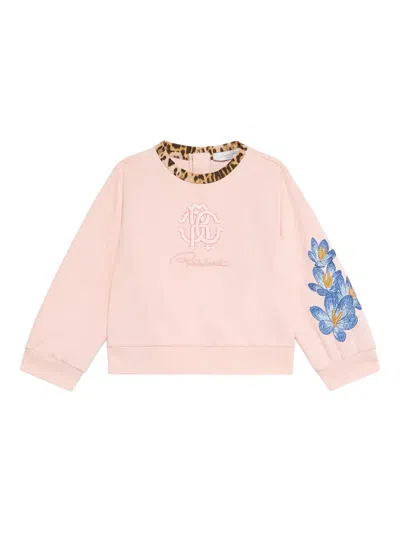 Roberto Cavalli Babies' Embroidered-flower Leopard-trim Sweatshirt In Nude