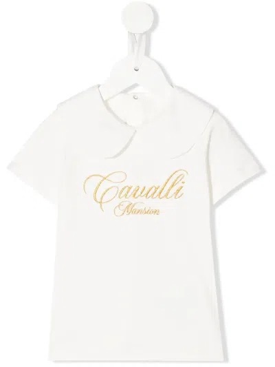 Roberto Cavalli Babies' Embroidered-logo Peter Pan-collar T-shirt In White