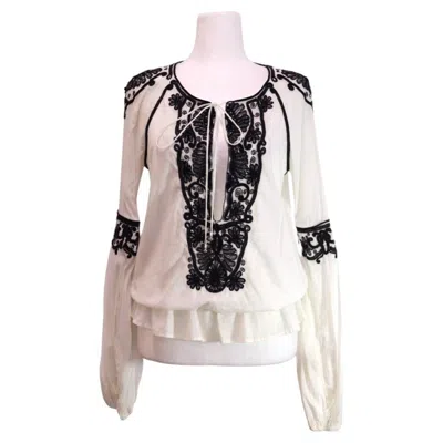Pre-owned Roberto Cavalli Embroidered Peasant Blouse White & Black - Eu 42
