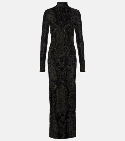 Roberto Cavalli Embroidered Velvet And Mesh Gown In Black