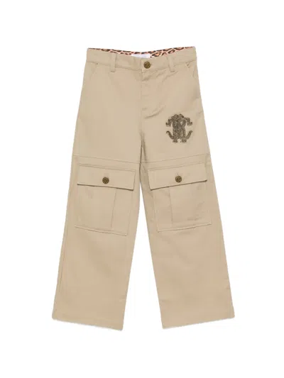 Roberto Cavalli Kids' Embroidered-logo Cargo Pants In Neutral