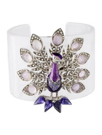 Pre-owned Roberto Cavalli Enamel, Acrylic, Resin & Crystal Peacock Cuff Bracelet, 7" In Purple