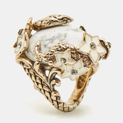 Pre-owned Roberto Cavalli Enamel Crystal Gold Tone Serpenti Ring Size 52