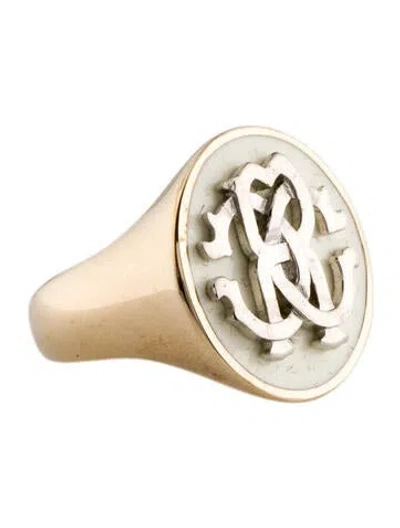 Pre-owned Roberto Cavalli Enamel Logo Signet Ring In White