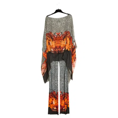 Pre-owned Roberto Cavalli Ensemble Fr38 Top Blouse Pants Silk Fire Print Uk10 Us8 In Brown