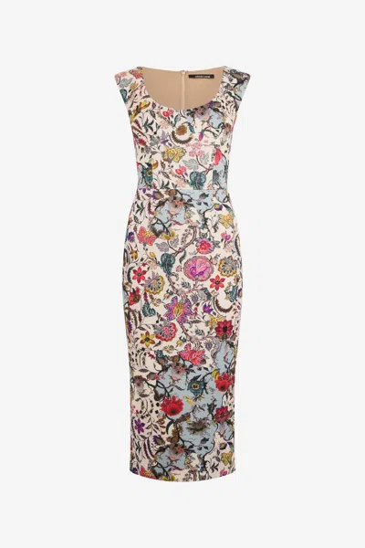 Roberto Cavalli Sheath Dress With Florentine Flowers Print In Neutral