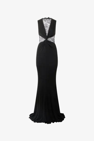 Roberto Cavalli Extra Long Dress With Lace In Black