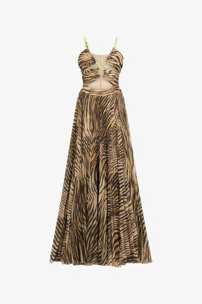 Roberto Cavalli Extra-long Tiger Skin Print Dress In Light Brown
