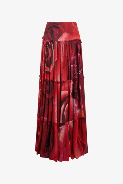 Roberto Cavalli Extra-long Skirt With Garden Rose Print In Red