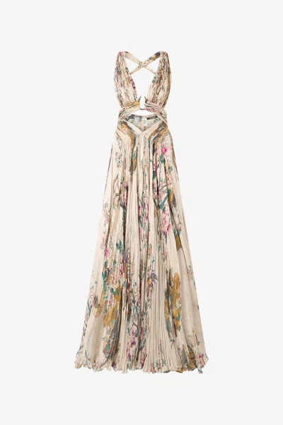 Roberto Cavalli Extra-long Silk Dress With Flower And Pheasant Print