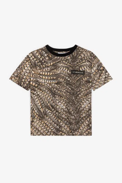 Roberto Cavalli Falcon-print Cotton T-shirt In Light Brown