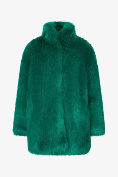 Roberto Cavalli Faux Fur Coat With High Collar In Green