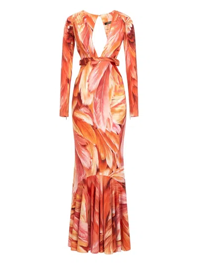Roberto Cavalli Feather-print Cut-out Maxi Dress In Multi