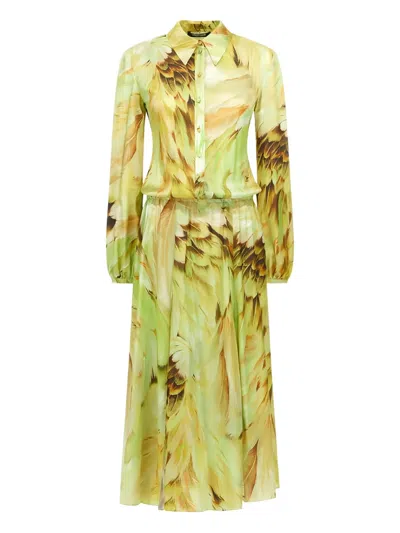 Roberto Cavalli Feather-print Midi Dress In Green