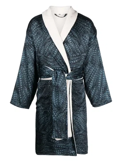 Roberto Cavalli Feather-print Robe In Blue