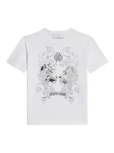 Roberto Cavalli Kids' Feline-print Crest T-shirt In White