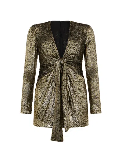 Roberto Cavalli Knotted Metallic Velvet Jacquard Long-sleeve Mini Dress In Multi