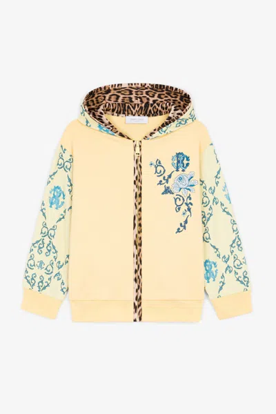 Roberto Cavalli Babies' Filigree And Leopard-print Cotton Hoodie In Yellow