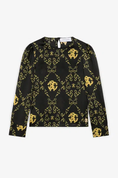 Roberto Cavalli Filigree-print Silk Top In Black
