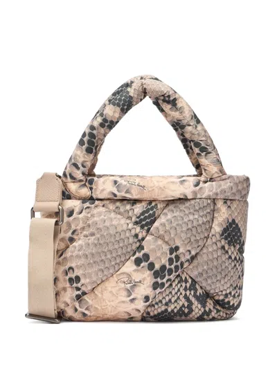 Roberto Cavalli Firenze Quilted Snakeskin-effect Shoulder Bag In Neutral