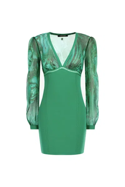 Roberto Cavalli V-neckline Fitted Silhouette Mini Length Sheer Long Sleeves In Green