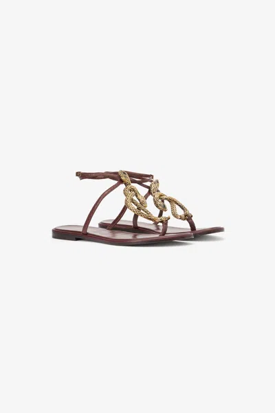 Roberto Cavalli Brown And White Flat Thong Sandals With Snake Motif In Gold