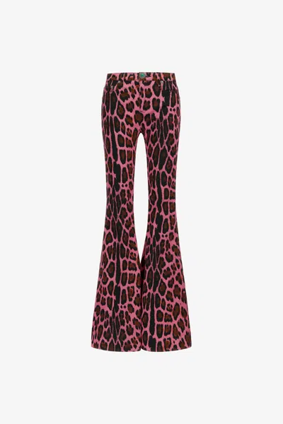 Roberto Cavalli Flared Jeans With Leopard Print In Fuchsia