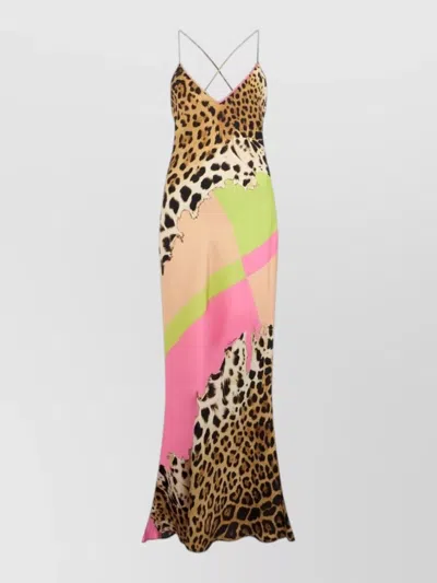 Roberto Cavalli Colorblock Jaguar-print Silk Maxi Slip Dress In Multi