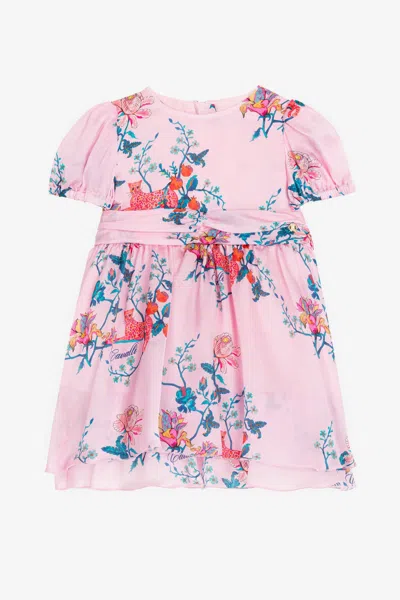 Roberto Cavalli Floral And Jaguar-print Silk Dress In Pink