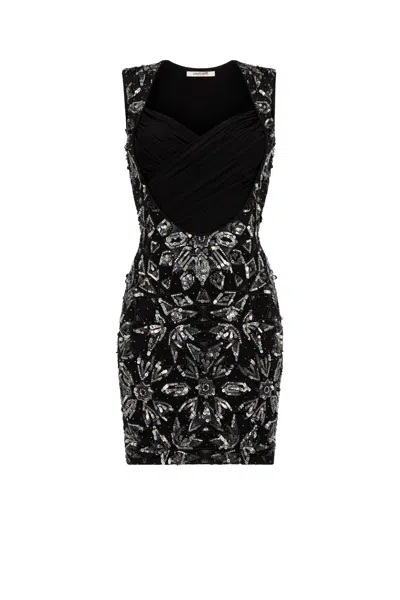 Roberto Cavalli Floral Bead-embellished Mini Dress In Black