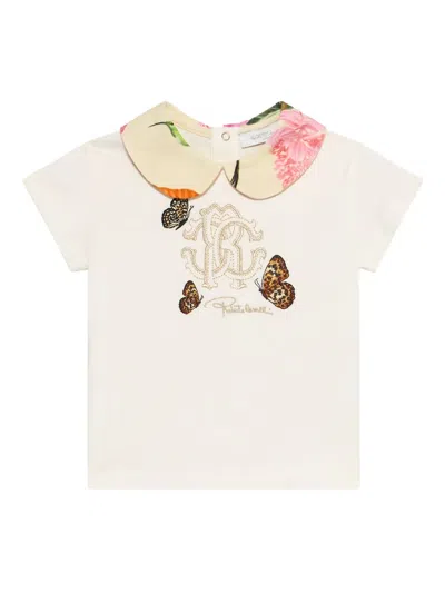 Roberto Cavalli Babies' Floral-collar Butterfly-embroidered T-shirt In Neutral