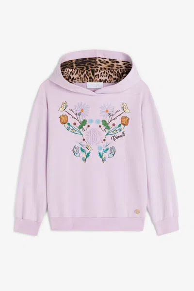 Roberto Cavalli Floral-embroidered Cotton Hoodie In Purple