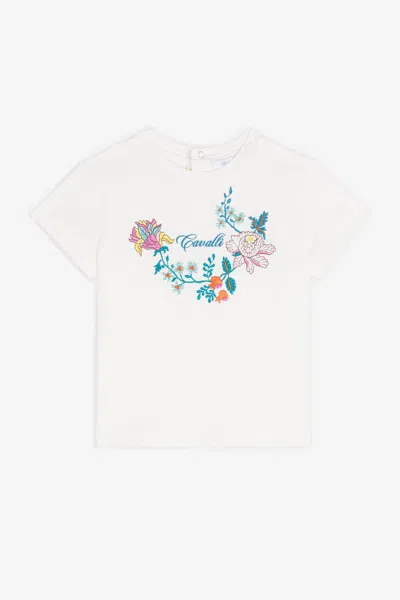 Roberto Cavalli Floral-embroidered Cotton T-shirt In White