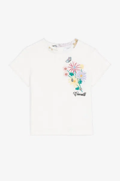 Roberto Cavalli Floral-embroidered Cotton T-shirt In White