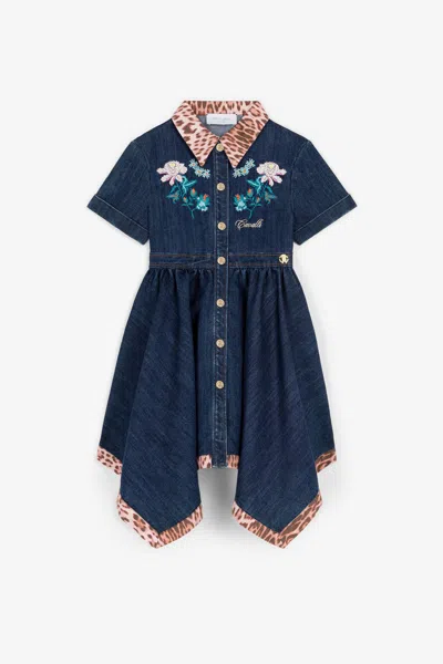 Roberto Cavalli Floral-embroidered Denim Dress In Dark Blue