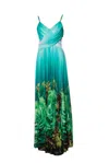 Roberto Cavalli Floral Gown In Green. In Blue