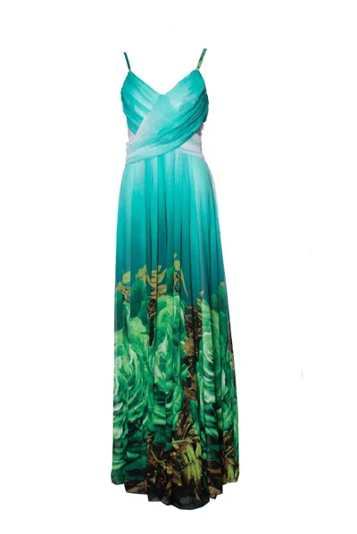 Roberto Cavalli Floral Gown In Green. In Blue