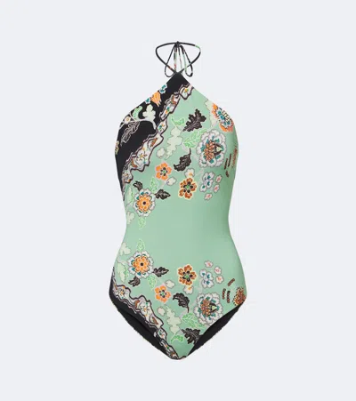Roberto Cavalli Floral Halterneck Swimsuit In Green