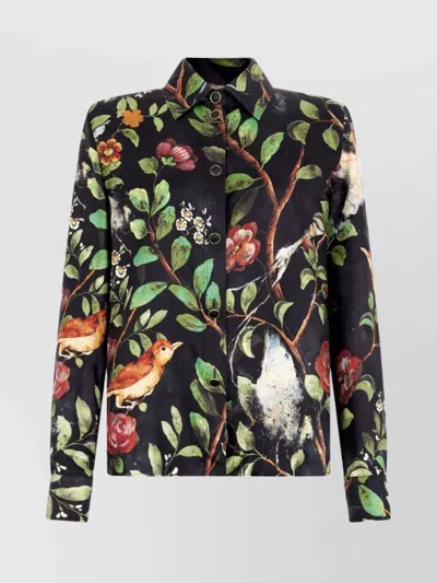 Roberto Cavalli Floral Long Sleeve Collared Top In Black