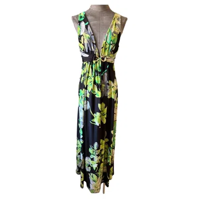 Pre-owned Roberto Cavalli Floral Maxi Dress With Iconic Snake Jewel Detail – Size L In Black