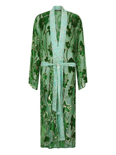 Roberto Cavalli Floral-pattern Velvet Robe In Green