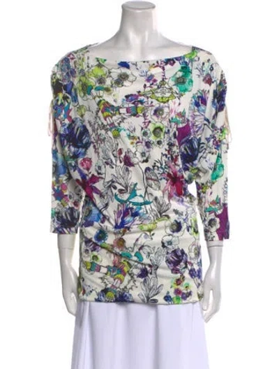 Pre-owned Roberto Cavalli Floral Print Bateau Neckline Tunic In White