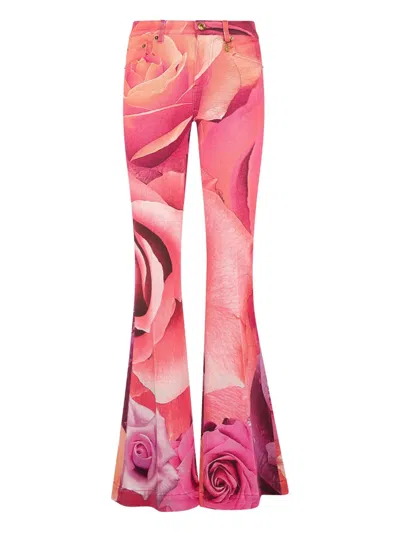 Roberto Cavalli Schlagjeans Mit Blumen-print In Fuchsia