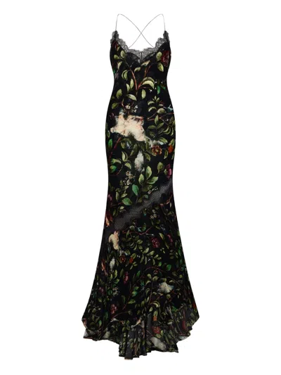 Roberto Cavalli Floral Spaghetti Strap Dress With Side Slit In Black