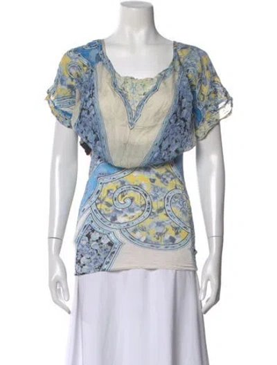 Pre-owned Roberto Cavalli Floral Print Scoop Neck Blouse In Blue