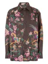 Roberto Cavalli Silk Shirt With Oriental Bird Print In Brown