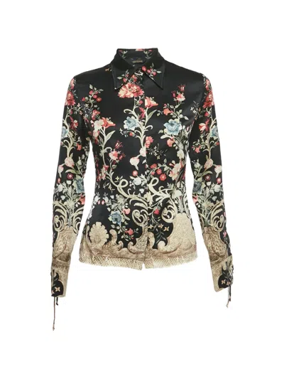 Pre-owned Roberto Cavalli Floral-print Silk Shirt In Black